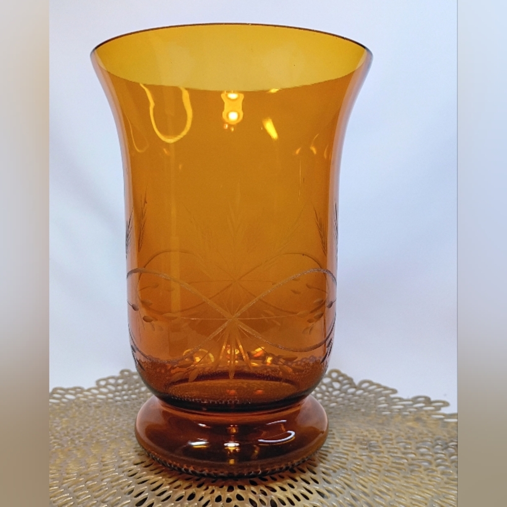 Amber Blown & Etched Glass Vase